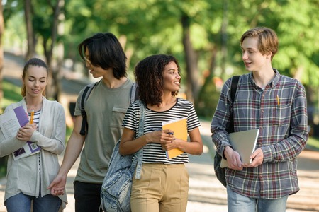 Image of multiethnic group of young happy students walking while talking. Looking aside.の写真素材