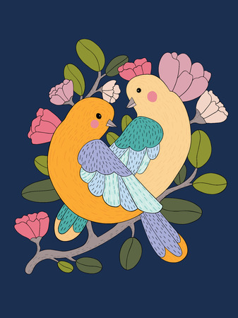 Two cute bird couple on a branch with flowers isolated. Vector illustrationのイラスト素材