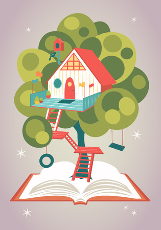 Magical fairytale house on a tree growing from an opened book. Vector illustrationのイラスト素材