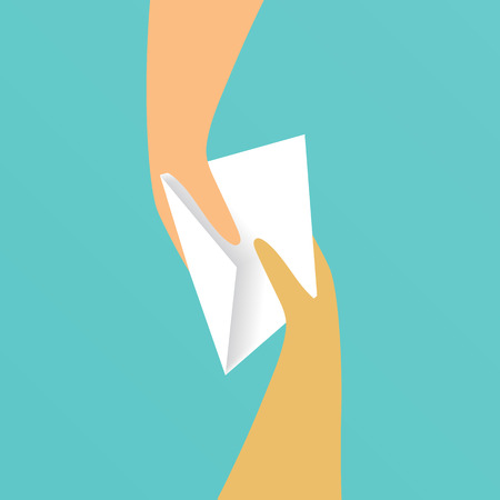 Hand giving white paper envelope to another hand. Vector illustrationのイラスト素材