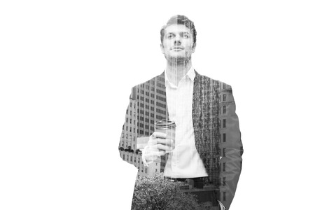 Double exposure of a thoughtful businessman holding cup with coffee and looking up isolated on a white backgroundの写真素材