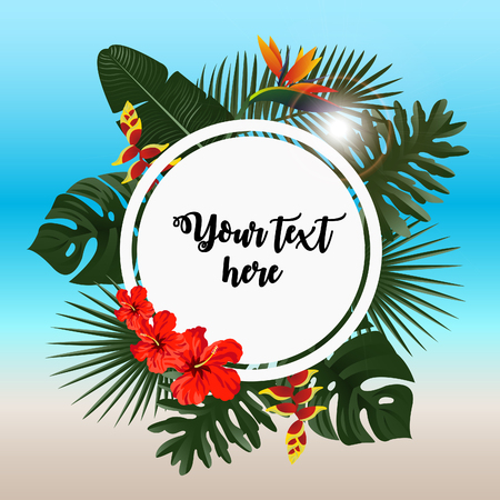 Exotic colorful tropical summer frame with palm leaves and space for text. Vector illustrationのイラスト素材