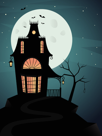 Spooky haunted ghost house with full moon and bats. Vector illustration