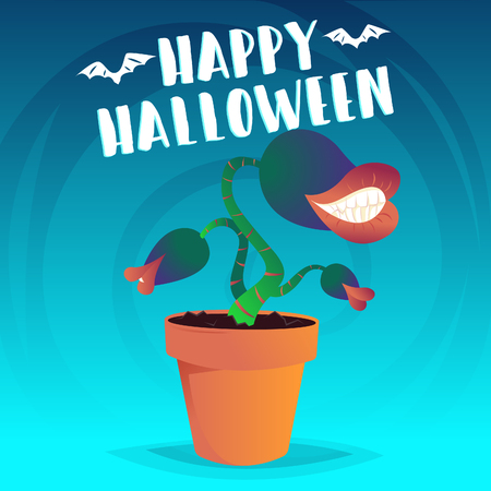 Evil carnivorous plant with teeth in flower pot with Happy Halloween lettering. Vector illustrationのイラスト素材