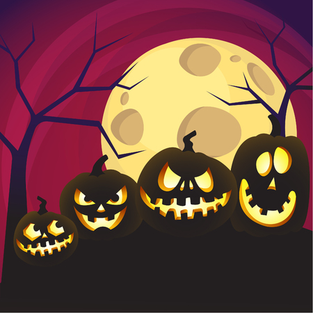 Halloween pumpkin silhouettes with full moon on a background at night. Vector illustrationのイラスト素材
