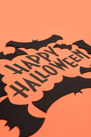Black typeface text for halloween logo handwritten on orange background. Frame of black batsの写真素材