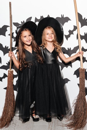 Couple of two funny little girls dressed in halloween costumes holding brooms and posing with bats on a backgroundの写真素材