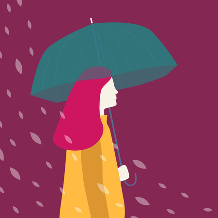 Silhouette of a woman dressed in raincoat holding umbrella under the rain. Vector illustrationのイラスト素材