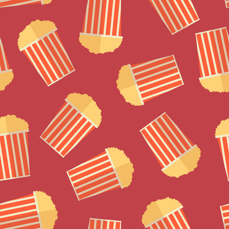 Cartoon popcorn in a bucket seamless patern over red. Vector illustrationのイラスト素材