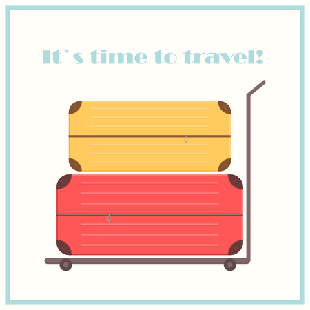 Colorful suitcases on an airport cart with inscription. Time to travel concept. Vector illustrationのイラスト素材