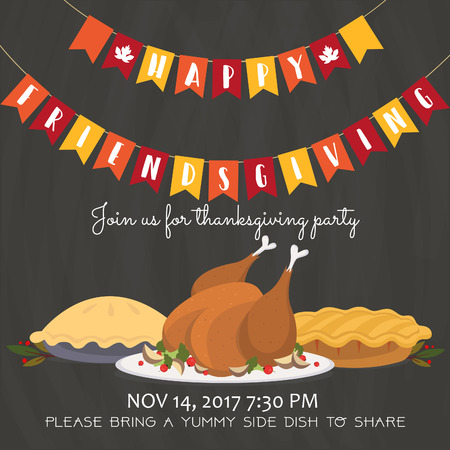 Happy friendsgiving invitation party card with roasted turkey and pies. Thanksgiving holiday concept. Vector illustrationのイラスト素材