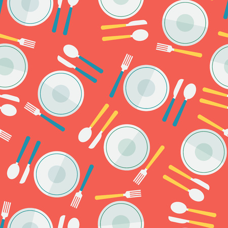 Dishware over red seamless pattern background. Vector illustrationのイラスト素材