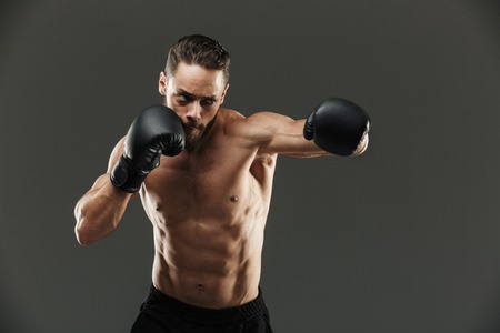 Portrait of a motivated muscular sportsman boxing over gray backgroundの写真素材