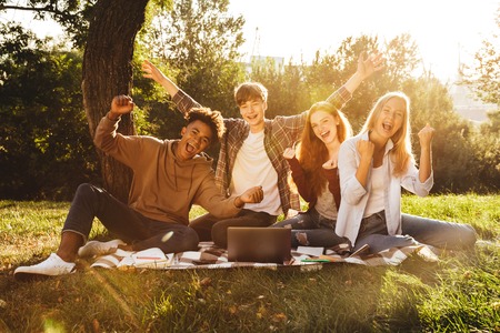 Group of cheerful multhiethnic students doing homework together at the park, using laptop computer, celebrating successの写真素材