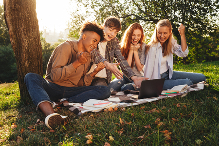 Group of joyful multhiethnic students doing homework together at the park, using laptop computer, celebratingの写真素材