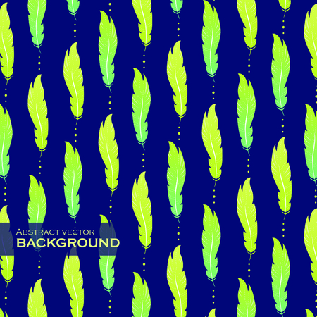 Green feathers seamless pattern over dark background. Vector illustrationのイラスト素材