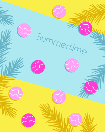 Summertime lettering with circles and leaf pattern background greeting card. Vector illustrationのイラスト素材