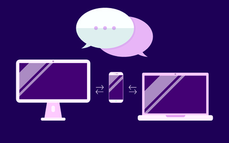 Computer, laptop and smartphone synchronizing through bluetooth. Wireless technology conceptのイラスト素材