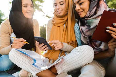 Photo of attractive muslim girls wearing headscarfs sitting on blanket in green park and studying with laptop and smartphoneの写真素材