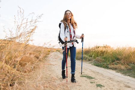Photo of happy young woman outside in free alternative vacation camping.の写真素材