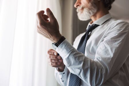 Cropped photo of a concentrated bearded mature handsome grey-haired businessman posing indoors at...