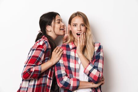 Image of surprised young pretty girls friends sisters posing isolated over white wall background gossiping.の写真素材