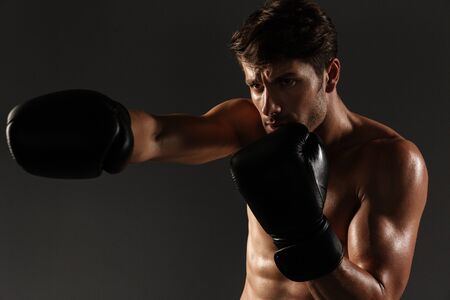 Photo of a concentrated handsome young strong sportsman boxer in gloves make exercises boxing...