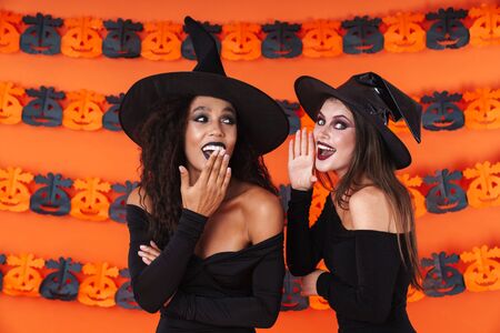 Image of joyful witch women in black halloween costume and makeup telling gossips to each other isolated over orange pumpkin wallの写真素材