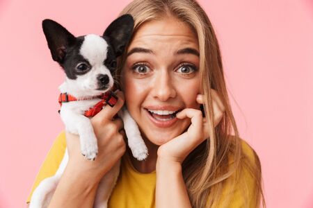 Cute lovely cheerful girl playing with her pet chihuahua isolated over pink backgroundの写真素材