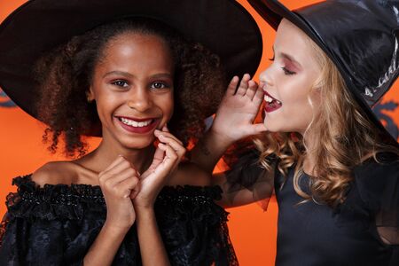 Image of pleased girl in black halloween costume whispering secret to friend in her ear isolated over orange pumpkin wallの写真素材
