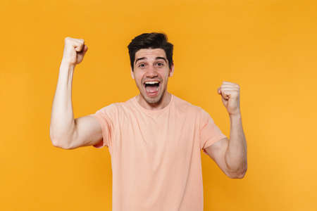 Photo of delighted handsome man screaming and making winner gesture isolated over yellow background