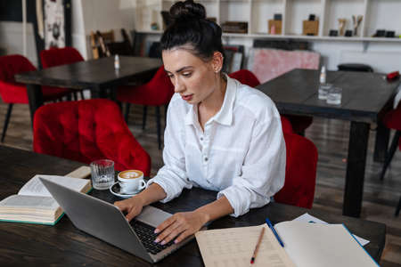Beautiful confident serious young woman working on laptop in cafe indoors