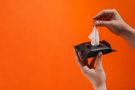 Woman's hands using wet wipes isolated over backgroundの写真素材