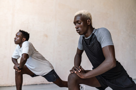 Two young handsome african american men stretching their bodies while doing workout indoorsの写真素材