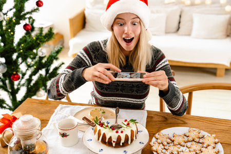 Photo of a young shocked emotional woman in christmas santa hat indoors at home taking a photo of cake by smartphoneの写真素材
