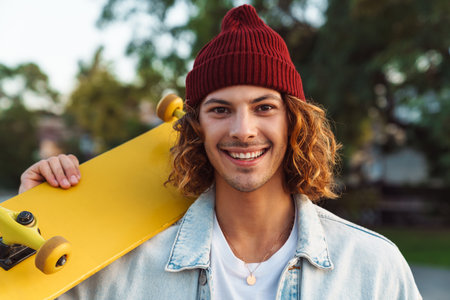 Photo of a positive young curly man walking outdoors by street with skateboardの写真素材