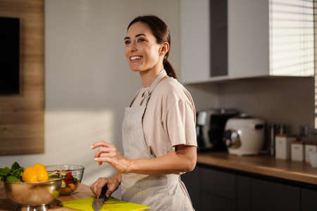 Portrait of a pretty young woman making a healthy salad at the kitchenの写真素材