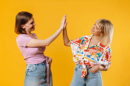 Portrait of two cheerful lovely girlfriends wearing summer clothes standing isolated over yellow background, high fiveの写真素材