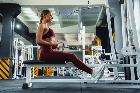 Smiling athletic sportswoman doing exercise on fitness equipment while working out in gym