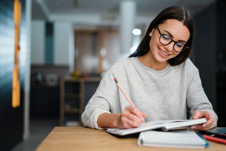 Happy young woman in eyeglasses writing down notes while working at homeの写真素材