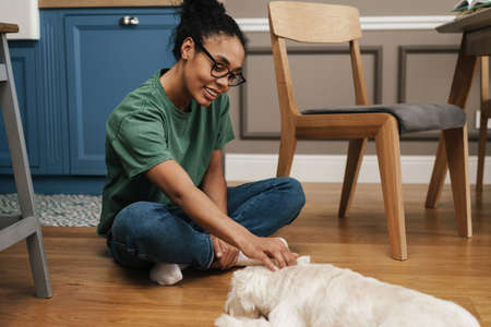 Smiling mid aged african woman playing with her dog in the kitchen, sitting on a floorの写真素材