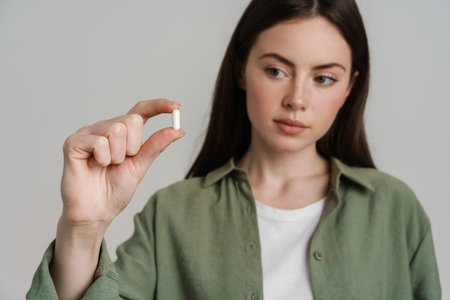 Young white woman with long brown hair showing pill standing over gray wall backgroundの写真素材