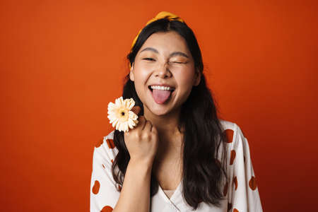 Smiling young asian woman in summer clothes standing over orange background, holding flower, showing...