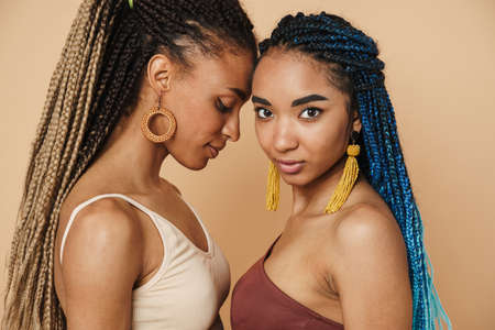 Young black two women with afro pigtails posing with head to head isolated over beige backgroundの写真素材