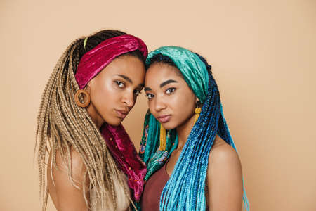 Young black two women with afro pigtails posing with head to head isolated over beige background