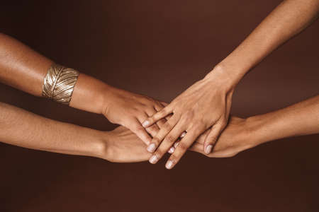 Young black two women holding their hands together on camera isolated over brown backgroundの写真素材