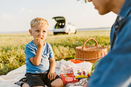 Young white father having picnic with his son on summer fieldの写真素材