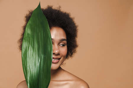 Black shirtless woman smiling while posing with green leaf isolated over beige backgroundの写真素材