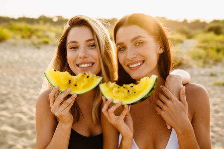 Young two women eating watermelon and hugging during picnic on beachの写真素材