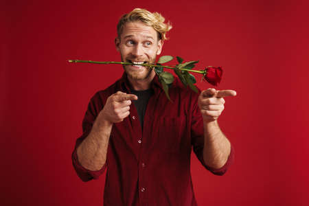 White man pointing fingers aside while holding rose in his mouth isolated over red wall